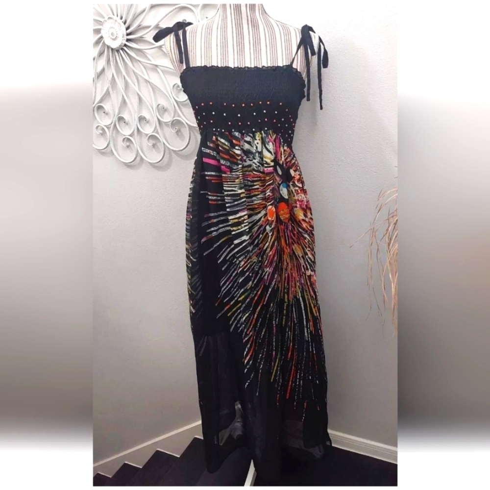 Tie Rack London Shirred bodice boho tie straps flowy maxi dress sundress